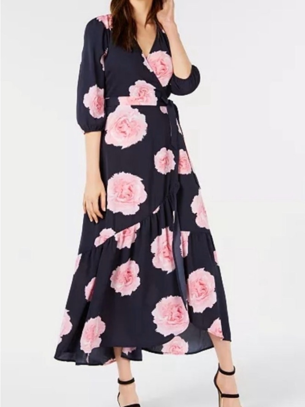 Bar III Navy Maxi Wrap Dress with Pink Rose Print